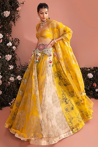 Mustard Organza Printed Lehenga Set by Bhumika Sharma