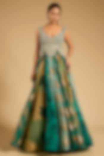 Teal Organza Printed Skirt Set by Bhumika Sharma at Pernia's Pop Up Shop