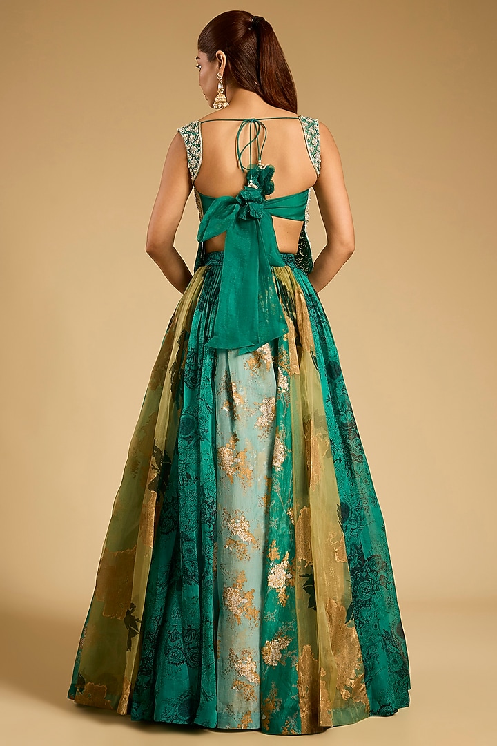Teal Organza Printed Skirt Set by Bhumika Sharma at Pernia's Pop Up Shop