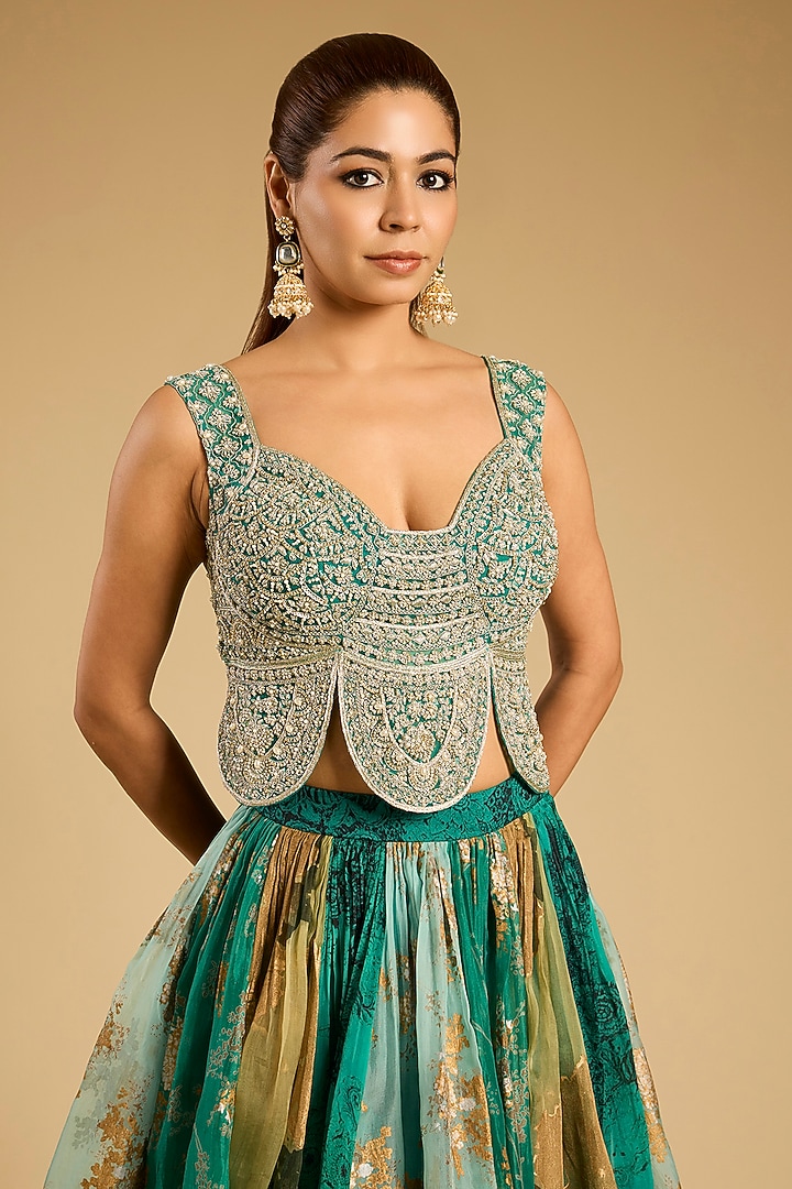 Teal Organza Printed Skirt Set by Bhumika Sharma at Pernia's Pop Up Shop