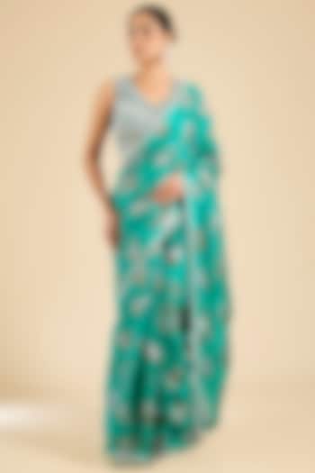 Teal Georgette & Net Printed Reception Saree Set by Bhumika Sharma at Pernia's Pop Up Shop