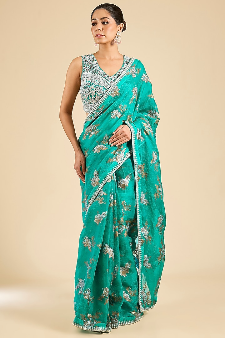 Teal Georgette & Net Printed Reception Saree Set by Bhumika Sharma at Pernia's Pop Up Shop