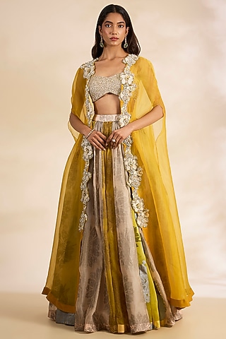 Mustard Georgette Printed Skirt Set by Bhumika Sharma