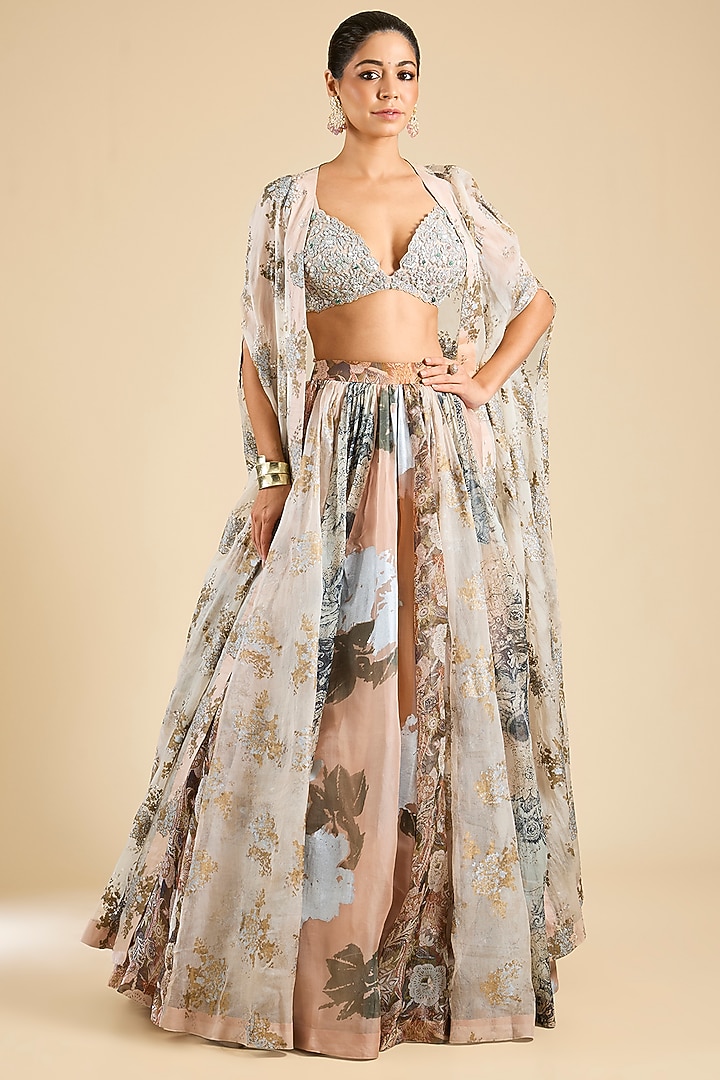 Dusty Pink Georgette & Organza Printed Skirt Set by Bhumika Sharma at Pernia's Pop Up Shop