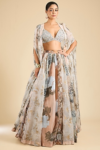 Dusty Pink Georgette & Organza Printed Skirt Set by Bhumika Sharma