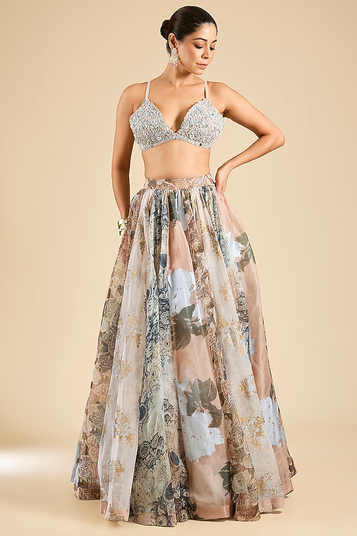 Dusty Pink Georgette & Organza Printed Skirt Set by Bhumika Sharma at Pernia's Pop Up Shop