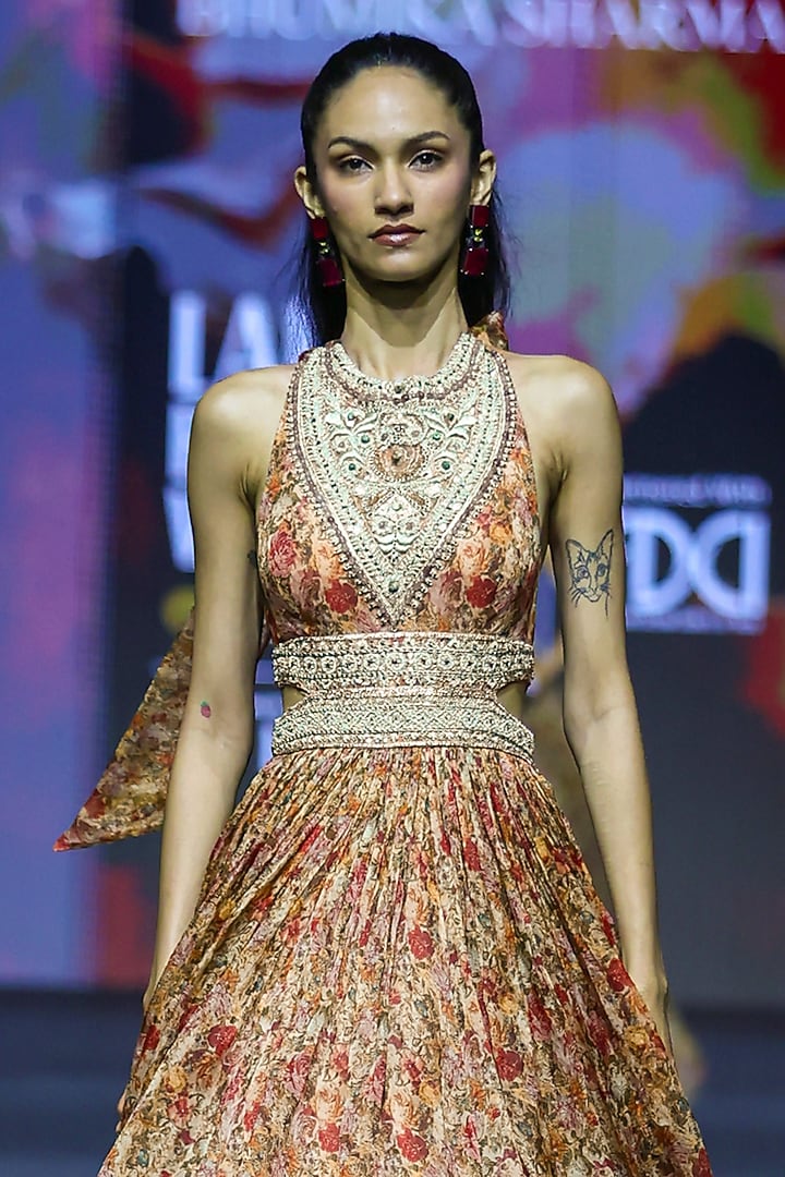 Multi-Colored Organza Floral Embroidered Bridal Anarkali by Bhumika Sharma at Pernia's Pop Up Shop