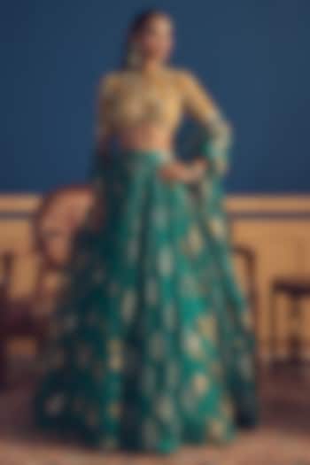 Teal Green Organza Floral Printed Wedding Lehenga Set by Bhumika Sharma at Pernia's Pop Up Shop