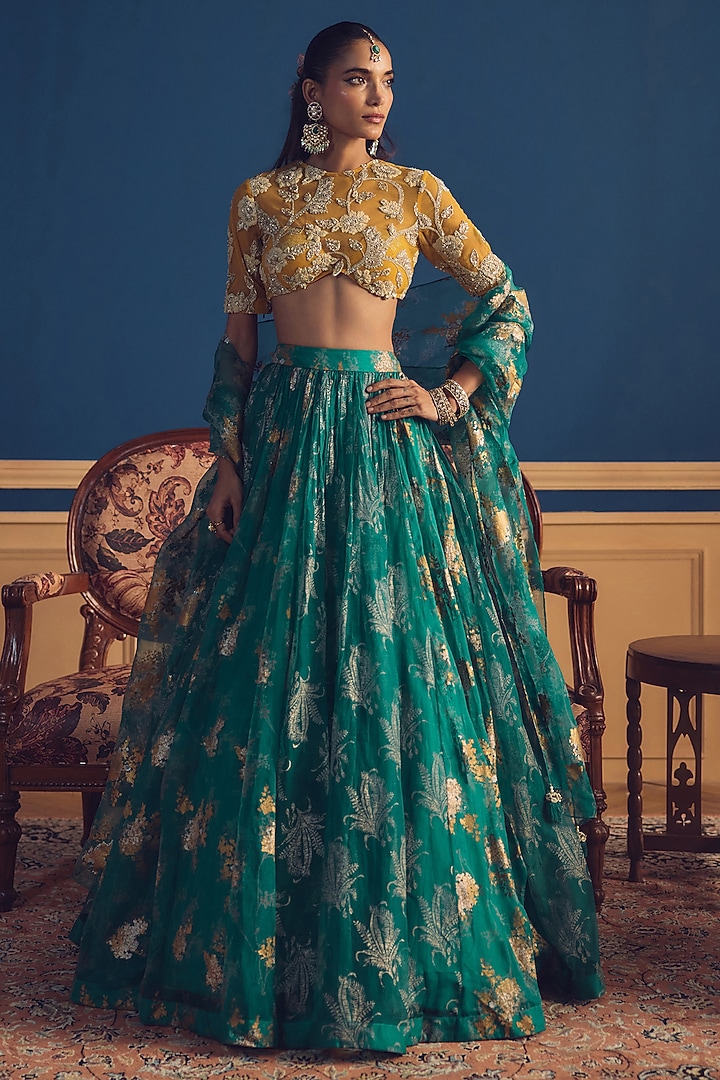 Teal Green Organza Floral Printed Wedding Lehenga Set by Bhumika Sharma at Pernia's Pop Up Shop