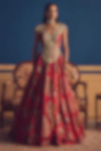 Red Organza Printed Bridal Anarkali by Bhumika Sharma at Pernia's Pop Up Shop