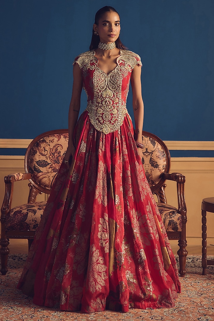 Red Organza Printed Bridal Anarkali by Bhumika Sharma at Pernia's Pop Up Shop