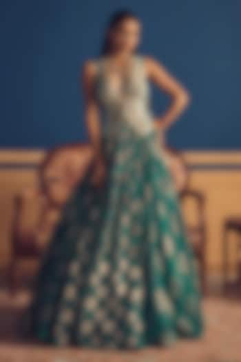 Teal Green Organza Floral Printed Skirt Set by Bhumika Sharma at Pernia's Pop Up Shop