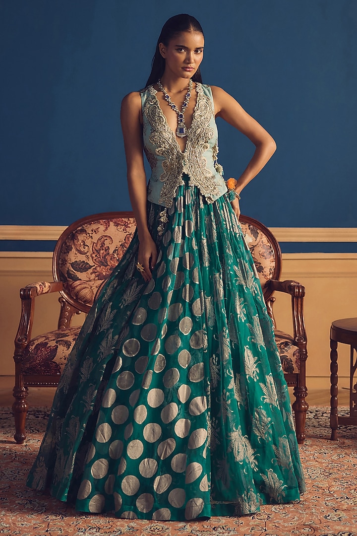 Teal Green Organza Floral Printed Skirt Set by Bhumika Sharma at Pernia's Pop Up Shop