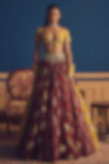 Burgundy Organza Printed Wedding Lehenga Set by Bhumika Sharma at Pernia's Pop Up Shop