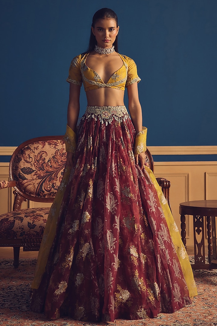 Burgundy Organza Printed Wedding Lehenga Set by Bhumika Sharma at Pernia's Pop Up Shop
