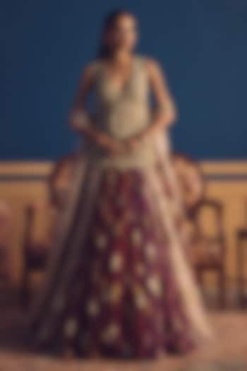 Burgundy Organza Printed Bridal Lehenga Set by Bhumika Sharma at Pernia's Pop Up Shop