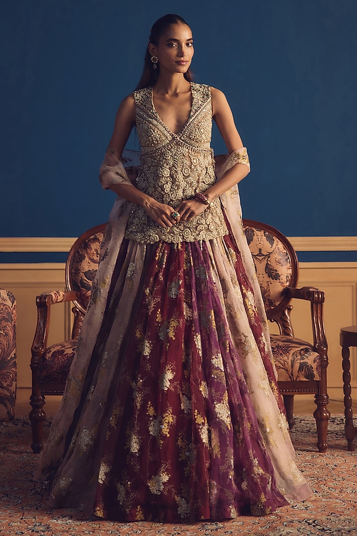 Burgundy Organza Printed Bridal Lehenga Set by Bhumika Sharma at Pernia's Pop Up Shop