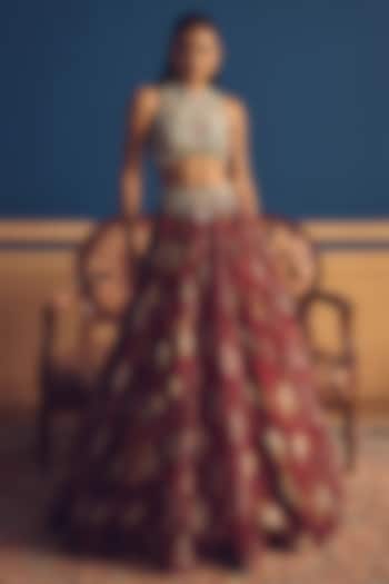 Burgundy Organza Printed Wedding Lehenga Set by Bhumika Sharma at Pernia's Pop Up Shop