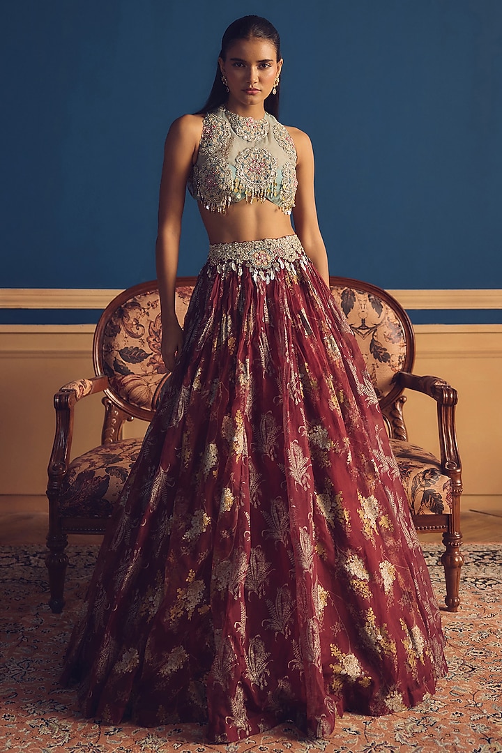 Burgundy Organza Printed Wedding Lehenga Set by Bhumika Sharma at Pernia's Pop Up Shop