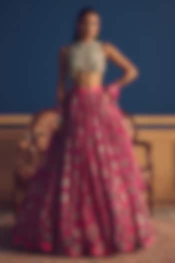 Fuchsia Pink Organza Printed Skirt Set by Bhumika Sharma at Pernia's Pop Up Shop