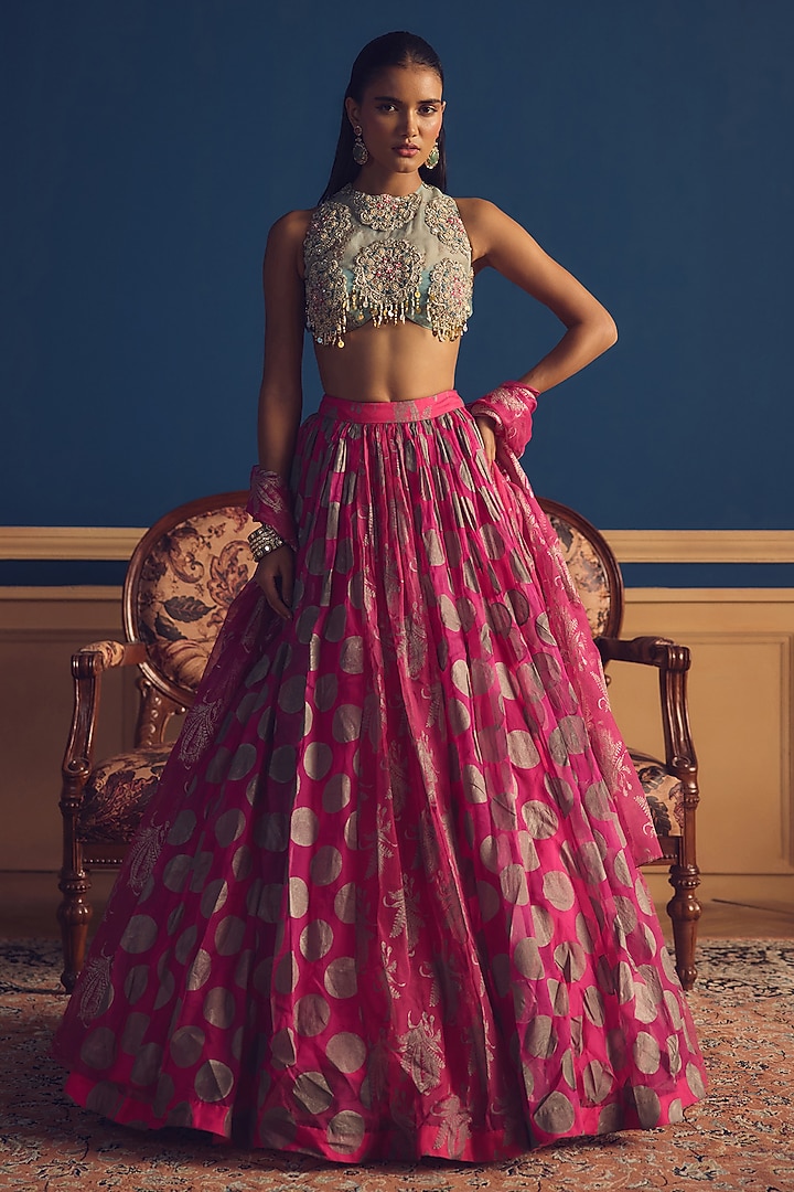 Fuchsia Pink Organza Printed Skirt Set by Bhumika Sharma at Pernia's Pop Up Shop