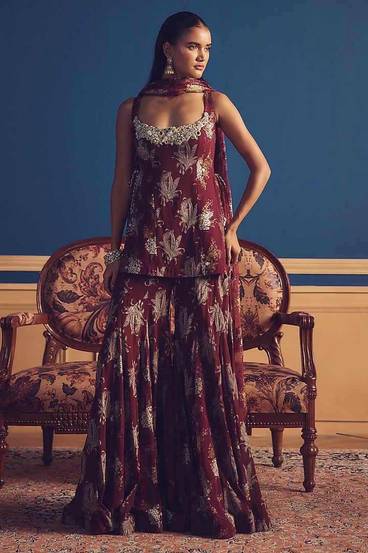 Burgundy Organza Printed Wedding Sharara Set by Bhumika Sharma at Pernia's Pop Up Shop