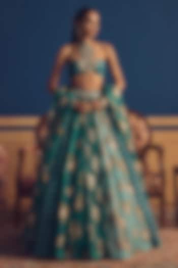 Teal Green Organza Printed Wedding Lehenga Set by Bhumika Sharma at Pernia's Pop Up Shop