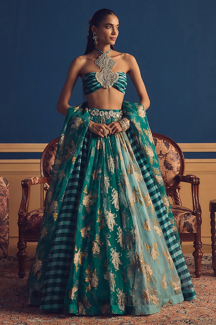 Teal Green Organza Printed Wedding Lehenga Set by Bhumika Sharma at Pernia's Pop Up Shop