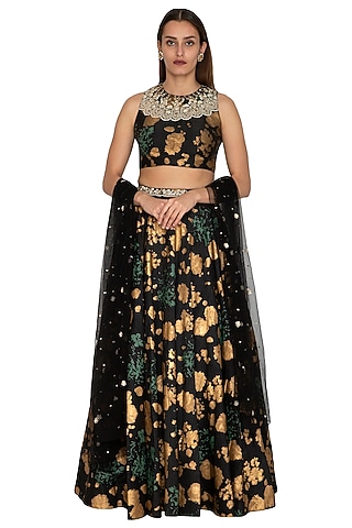 Black Floral Embroidered Lehenga Set by Bhumika Sharma