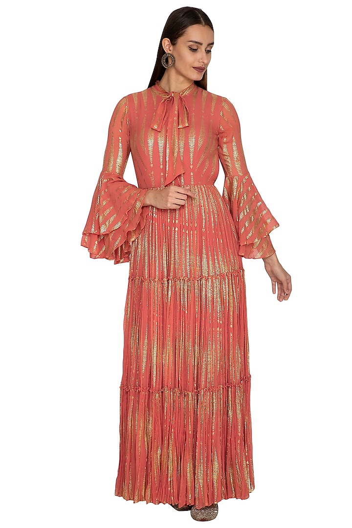 Copper Printed Ruffled Gown by Bhumika Sharma