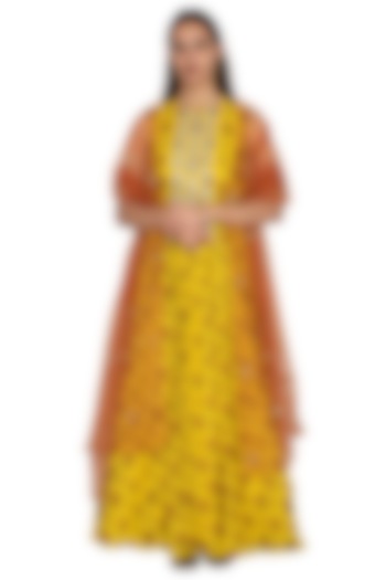 Yellow Floral Printed Anarkali With Rust Dupatta by Bhumika Sharma