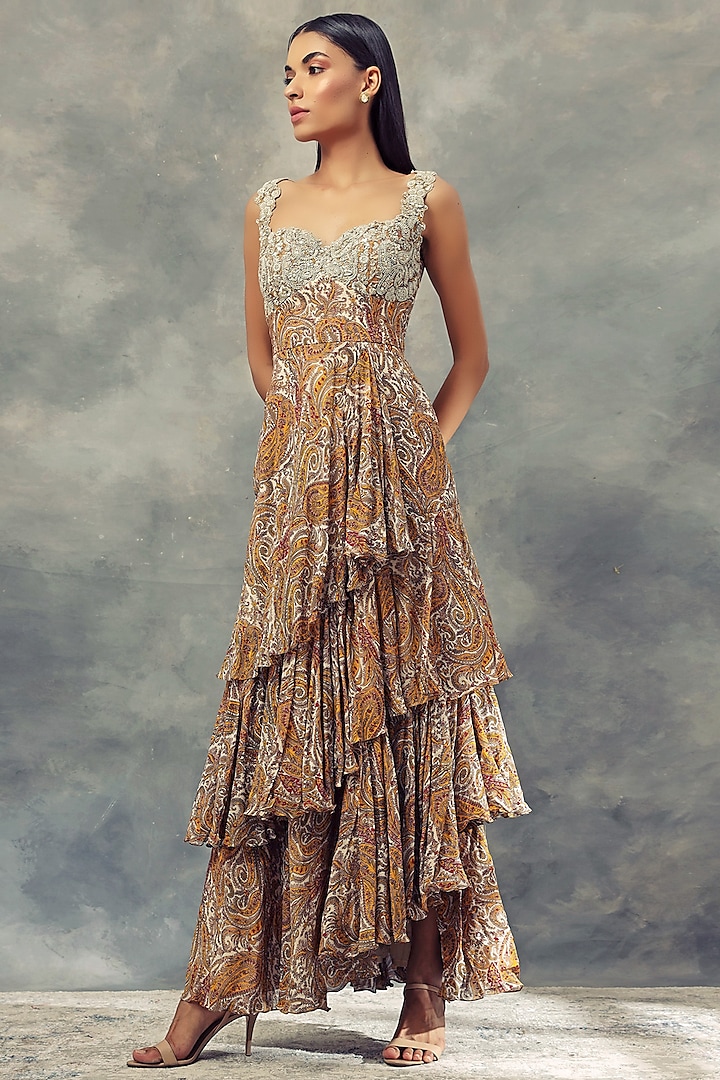 Brown Printed Gown With Embroidered Yoke by Bhumika Sharma