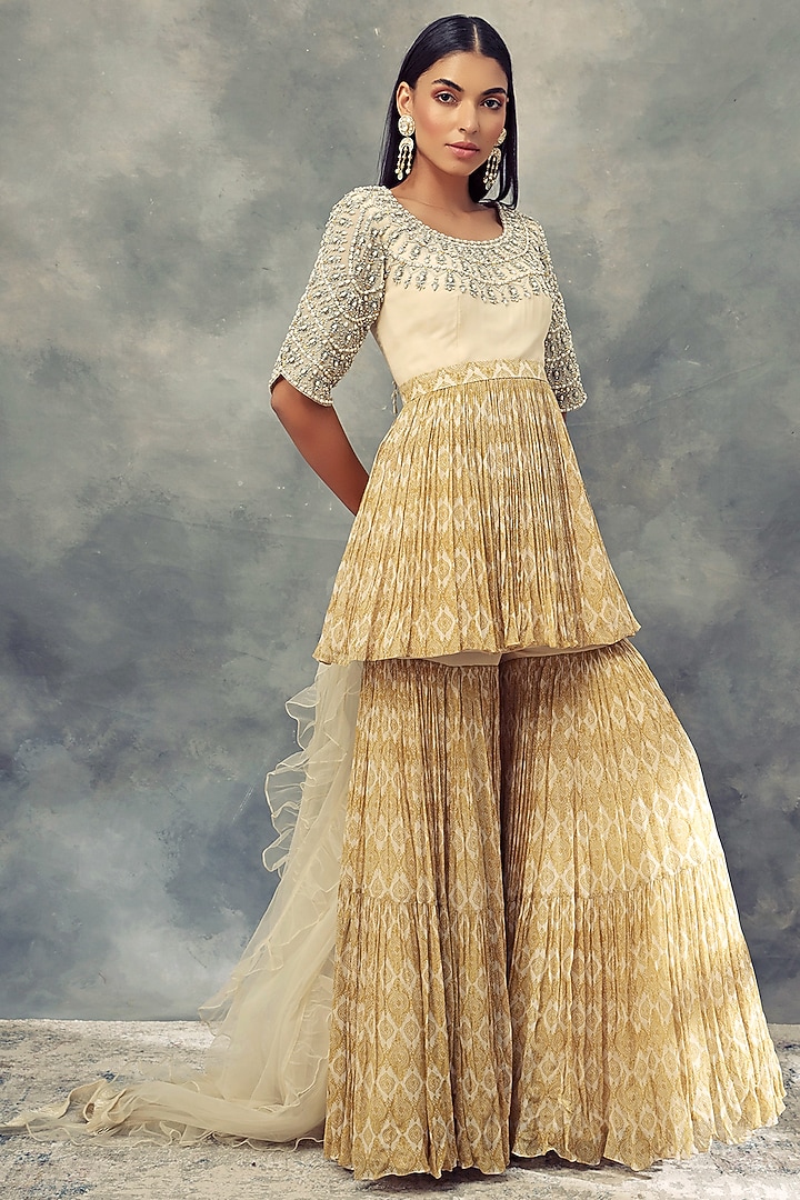 Mustard Yellow & Ivory Printed Bridal Sharara Set by Bhumika Sharma at Pernia's Pop Up Shop