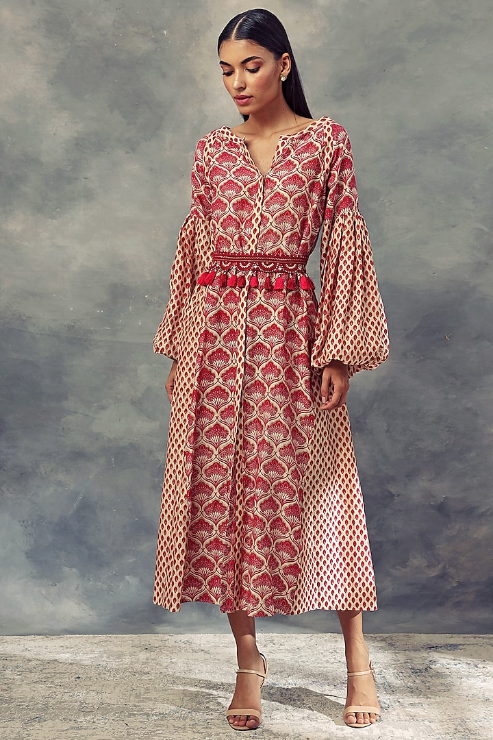 Nude & Red Printed Dress With Embroidered Belt by Bhumika Sharma