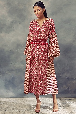Nude & Red Printed Dress With Embroidered Belt by Bhumika Sharma