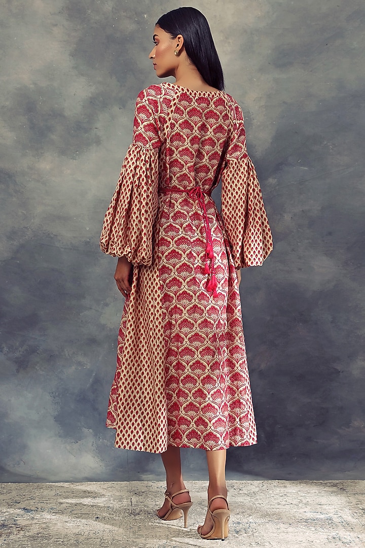 Nude & Red Printed Cocktail Dress With Embroidered Belt by Bhumika Sharma at Pernia's Pop Up Shop