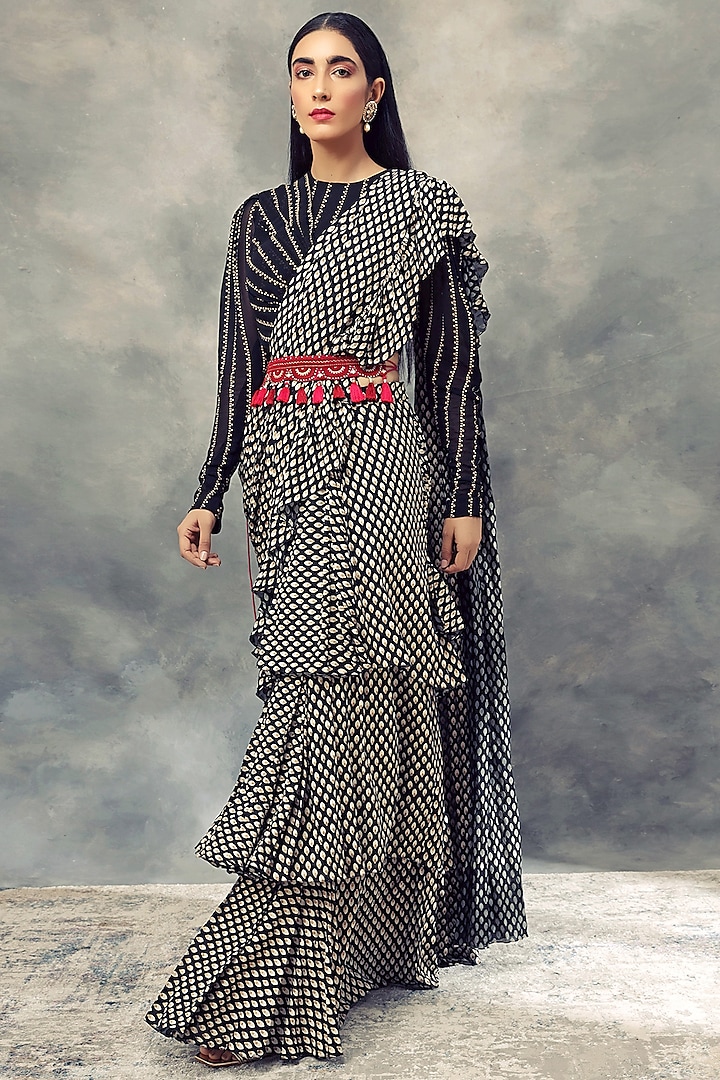 Black Printed Saree With Drape Blouse by Bhumika Sharma
