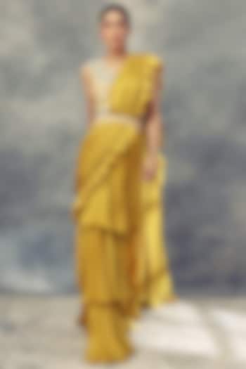 Mustard Yellow Ruffled Saree Set With Belt by Bhumika Sharma