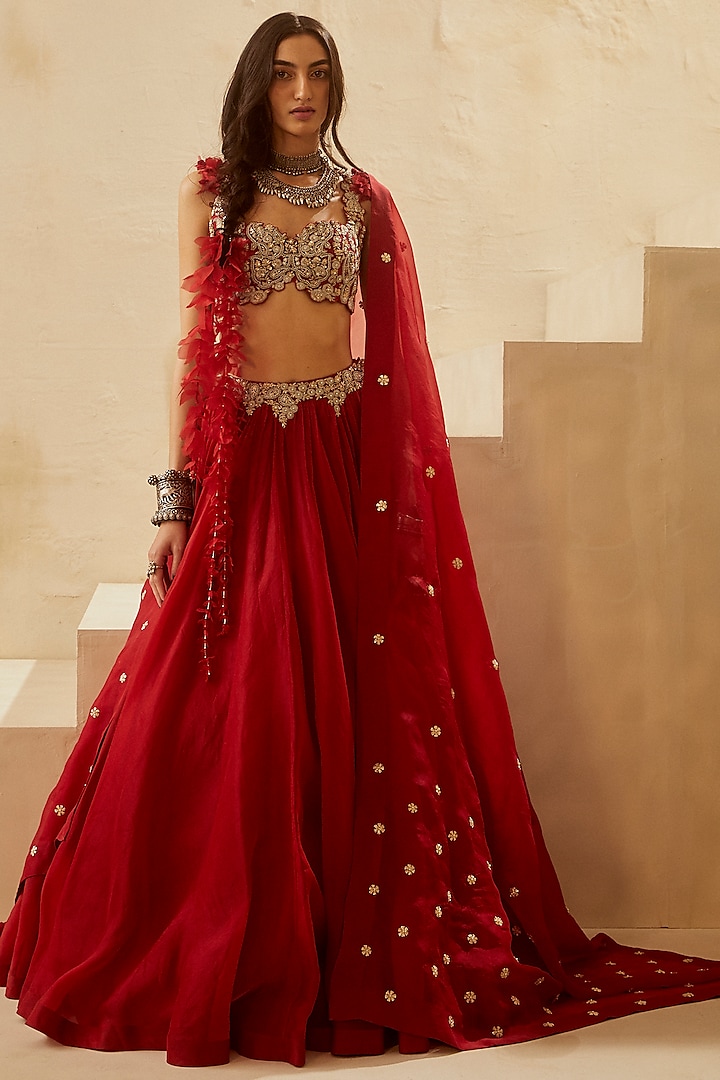 Red Ambi Jaal Embroidered Lehenga Set by Bhumika Sharma