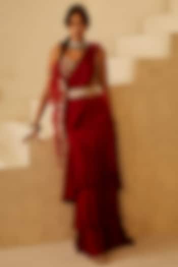 Red Satin Crepe Layered Pre-Stitched Saree Set by Bhumika Sharma