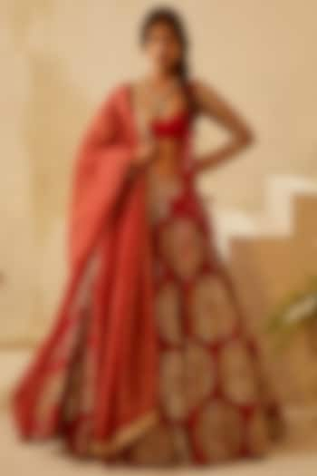 Red Printed & Embroidered Bridal Lehenga Set by Bhumika Sharma