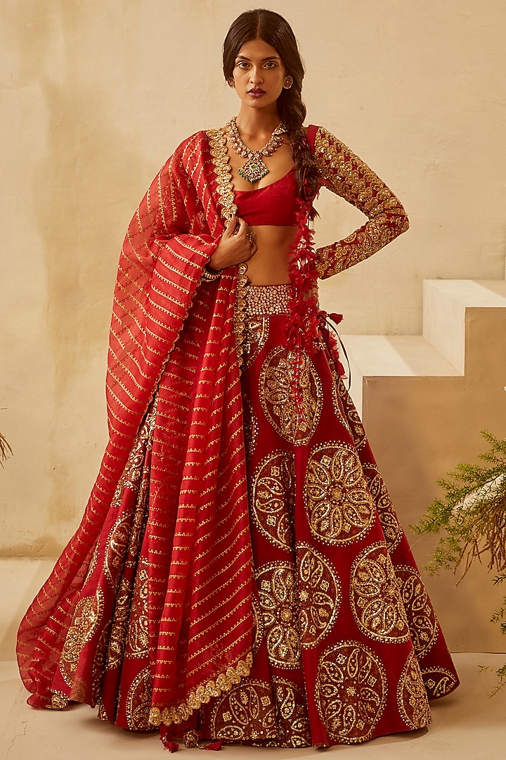 Red Printed & Embroidered Bridal Lehenga Set by Bhumika Sharma