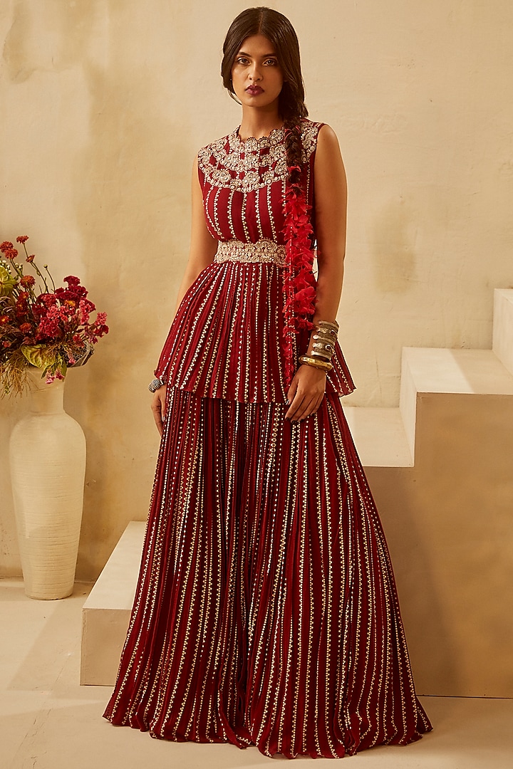 Red Nukta Printed Pleated Skirt Set by Bhumika Sharma