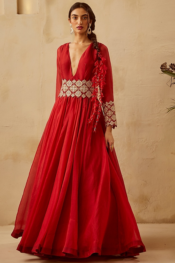 Red Hand Embroidered Anarkali With Belt by Bhumika Sharma