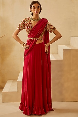 Red Chiffon Pleated Pre-Stitched Saree Set by Bhumika Sharma