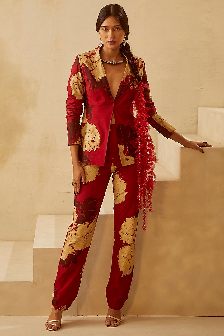 Red Dahlia Khadi Printed Jacket Set by Bhumika Sharma at Pernia's Pop Up Shop