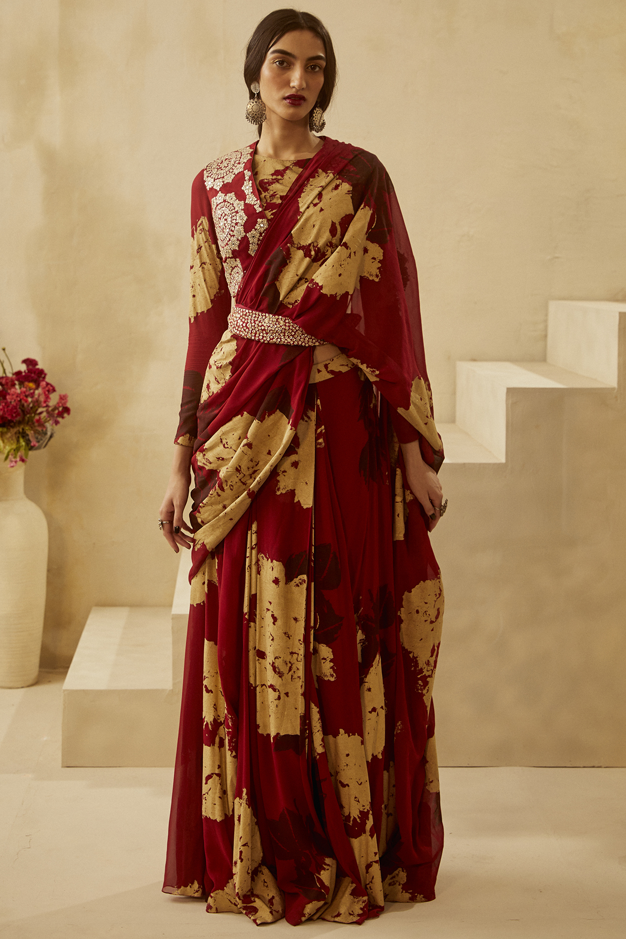 Red Georgette Dahlia Khadi Printed Jacket Wedding Saree Set by Bhumika Sharma at Pernia's Pop Up Shop