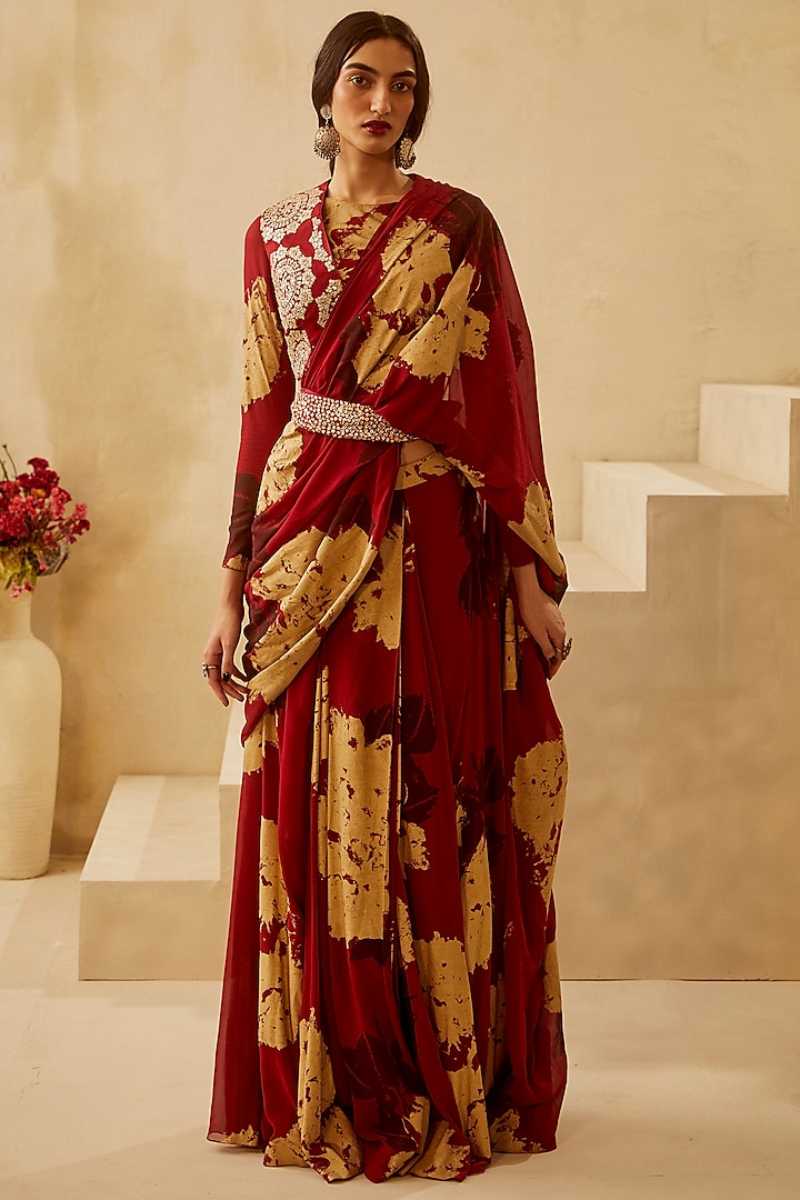 Red Georgette Dahlia Khadi Printed Jacket Saree Set by Bhumika Sharma
