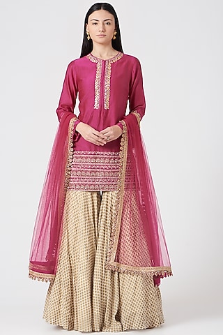 Rani Pink & Beige Printed Sharara Set by Bhumika Sharma