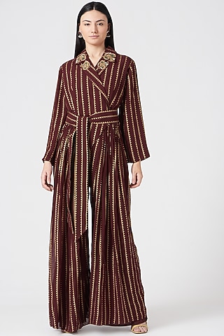 Brown Printed Jumpsuit With Belt by Bhumika Sharma